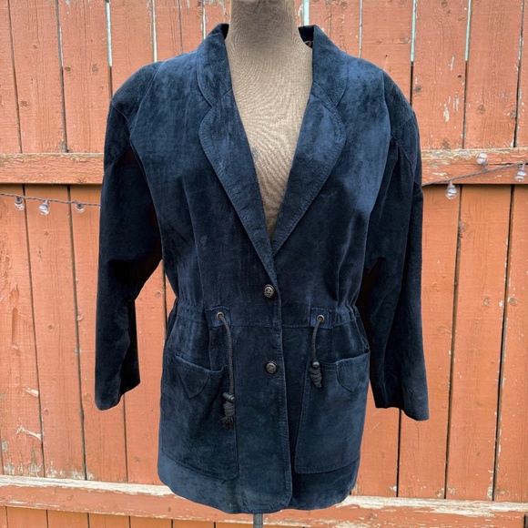 Vintage 80s Deep Navy Blue Suede Parka Jacket - Picture 1 of 12